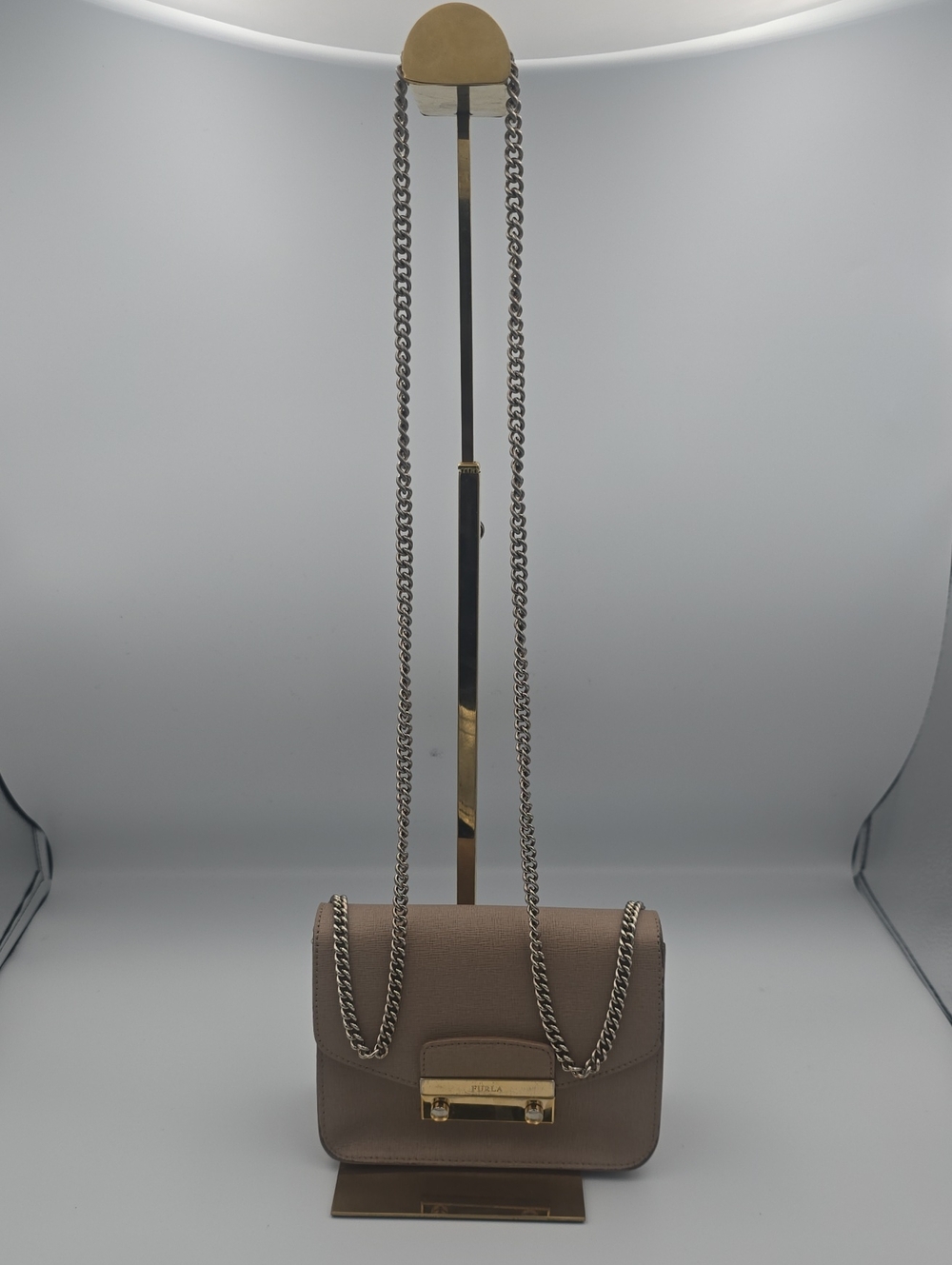 Furla Mini Bella Moonstone Taupe Brown Leather W Chain Crossbody W/ Studs (EUC)✨